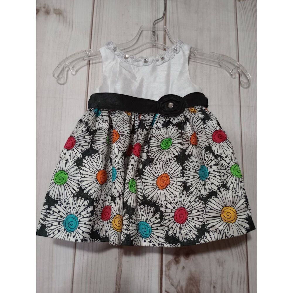 American Princess Baby Girls Daisy Print Satin Party Dress 18M White Black Multi